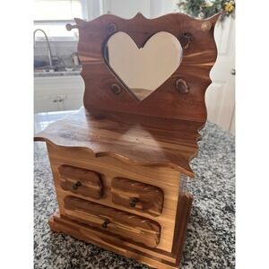 Vintage White Cedar Hand Carved Jewelry Box Heart Mirror 3 Drawers